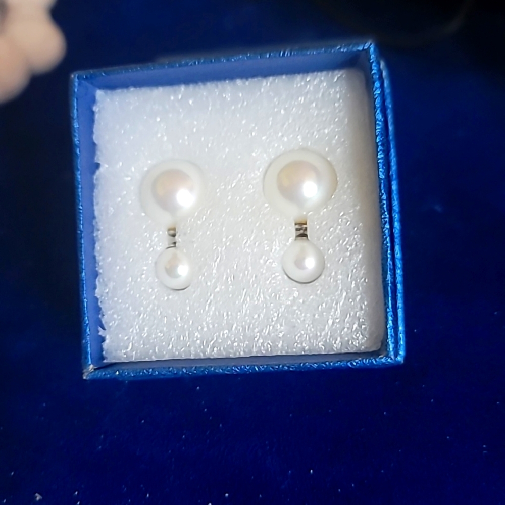 Front and back white pearl earrings in sterling silver.